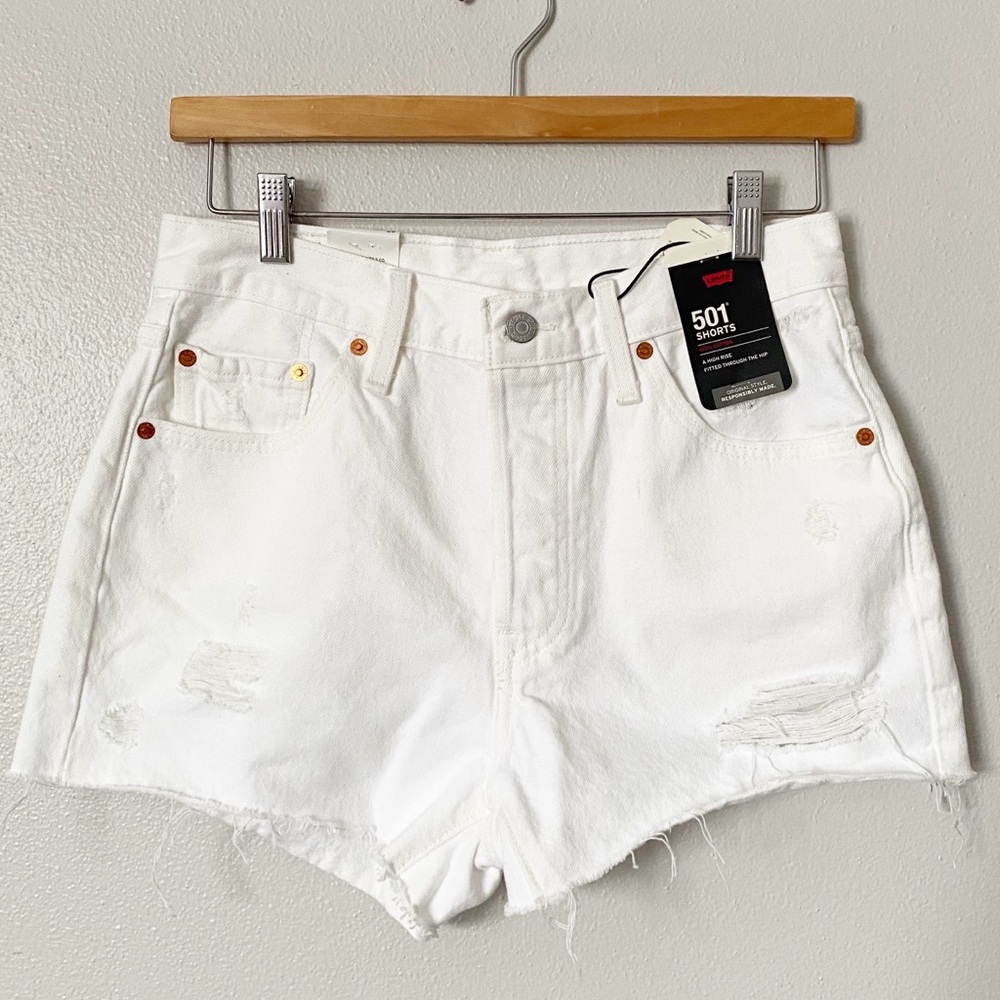 Levi's 501 Original High-Rise Denim Shorts White Frayed Raw Hem Women's 29 NWT - Picture 2 of 12